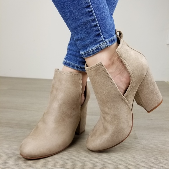 Vegan Suede Tan Cute Ankle Boots W/ Open Sides - Picture 4 of 8